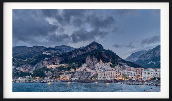 Evening Scenic View of the City and Mountain of Amalfi, Italy